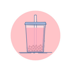 Vector icon of bubble tea in a cup for take away. Isolated in circle. Flat design. Blue and pink colors.