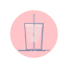 Vector icon of drink in a glass with straw and ice cubes. Isolated in circle. Flat design. Pink colors.