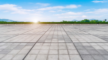 Fototapeta premium Empty Plaza Floor Bricks and Beautiful Natural Landscape