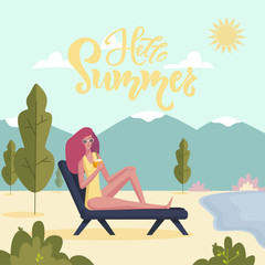 Obraz na płótnie Canvas Young woman lying on deckchair with cocktail. Girl enjoying on sunlounger. Hello summer lettering text. Vector illustration on summer vacation beach resort