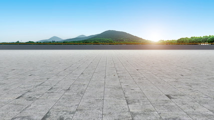 Empty Plaza Floor Bricks and Beautiful Natural Landscape