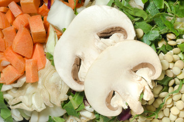 Various chopped vegetables, carrot, cabbage, lettuce, lentils, mushroom.