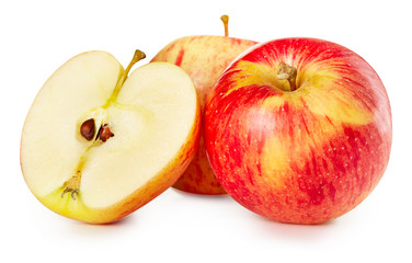 Fresh juicy red apple and half apple. Front view.
