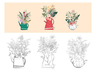 Set of pot plant flowers doodles Cute Collections flowers for spring or summer. Element Design in vinage style and black and white