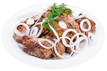 Grilled pork meat on a white background