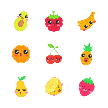Fruits cute kawaii vector characters