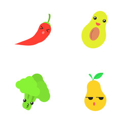 Vegetables and fruits cute kawaii flat design long shadow characters set