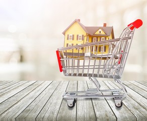 Classic house model  in shopping cart on backgrouund