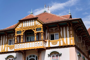 National cultural monument Jurkovicuv house from 1902 at the Colonadde in spa town in Luhacovice, Czech Republic