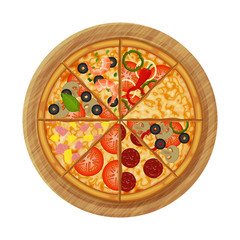 pizza with different ingredients on wood plate. Object for packaging, advertisements, menu. Isolated on white. Vector illustration. Cartoon.