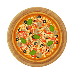 Mushroom pizza on wood plate. Object for packaging, advertisements, menu. Isolated on white. Vector illustration. Cartoon.
