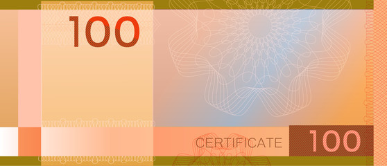 Voucher template banknote 100 with guilloche pattern watermarks and border. Orange background banknote, gift voucher, coupon, diploma, money design, currency, note, check, cheque, reward. certificate