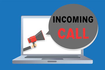 Writing note showing Incoming Call. Business photo showcasing Inbound Received Caller ID Telephone Voicemail Vidcall Man holding megaphone loudspeaker speech bubble message speaking loud