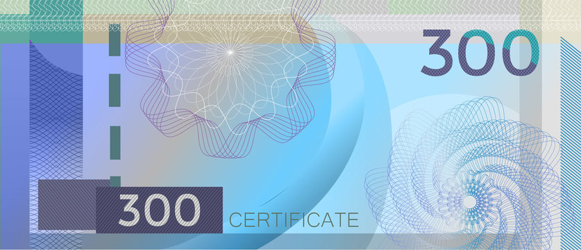 Voucher template banknote 300 with guilloche pattern watermarks and border. Blue background banknote, gift voucher, coupon, diploma, money design, currency, note, check, cheque, reward certificate