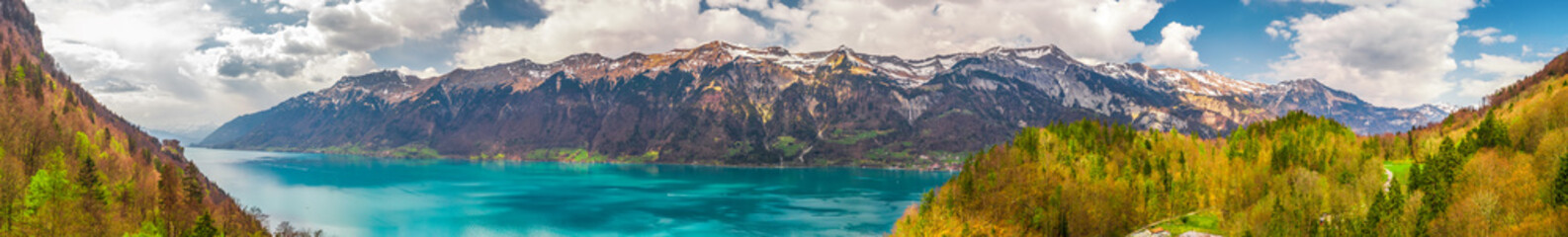 Lake Brienz wir Giessbach woterfall by Interlaken with the Swiss Alps covered by snow in the background, Switzerland, Europe