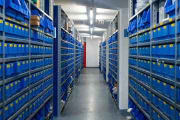 Small Replacement Parts Storage Warehouse Racks Blue Boxes