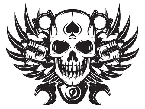 vector monochrome image on motorcycle theme with skull, wings, engine