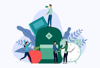 Flat red apple with book and backpack, vector illustration