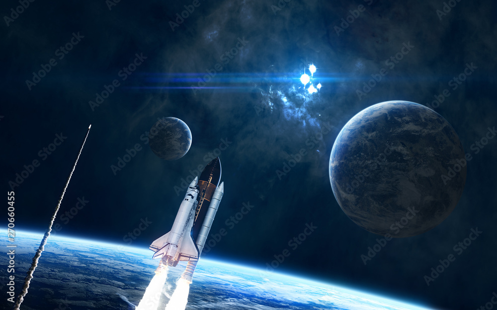 Wall mural planets, space shuttles in deep space. nebula, star cluster. science fiction. elements of this image