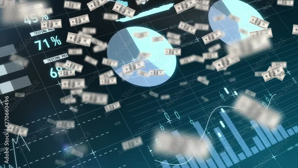 Poster graphs and statistics while money bills can be seen moving in the foreground