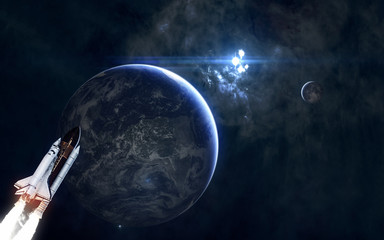 Earth and the Moon on background of star cluster. Solar system. Science fiction. Elements of this...