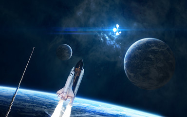 Planets, space shuttles in deep space. Nebula, star cluster. Science fiction. Elements of this...
