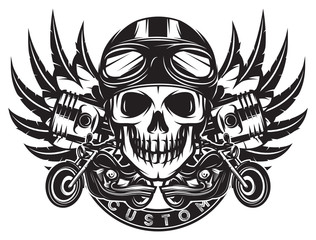 vector monochrome image on motorcycle theme with skull, wings, engine