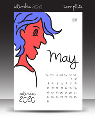 calendar for 2020, Lettering calendar, May 2020 template, hand-drawn cartoon vector illustration Can be used for postcard, gift card, banner, poster, card and printable