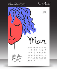 calendar for 2020, Lettering calendar, March 2020 template, hand-drawn cartoon vector illustration Can be used for postcard, gift card, banner, poster, card and printable