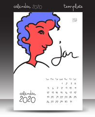 calendar for 2020, Lettering calendar, January 2020 template, hand-drawn cartoon vector illustration Can be used for postcard, gift card, banner, poster, card and printable