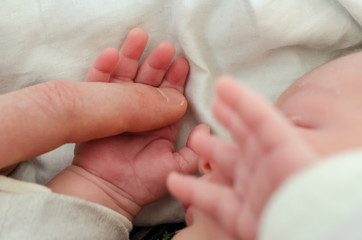 Hand of newborn baby holding male adults finger. Concept of help and family. Father holding hand.