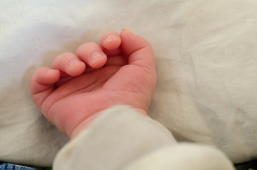 Small hand of newborn baby. Infant fingers.