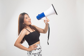 Beautiful young Asian woman announce with megaphone.