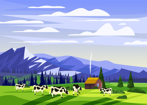 Beautiful countryside summer landscape, herd of cows valley rural farm house, green hills, mountain
