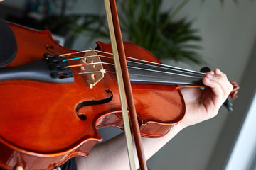 Classical player hands. Details of violin playing.