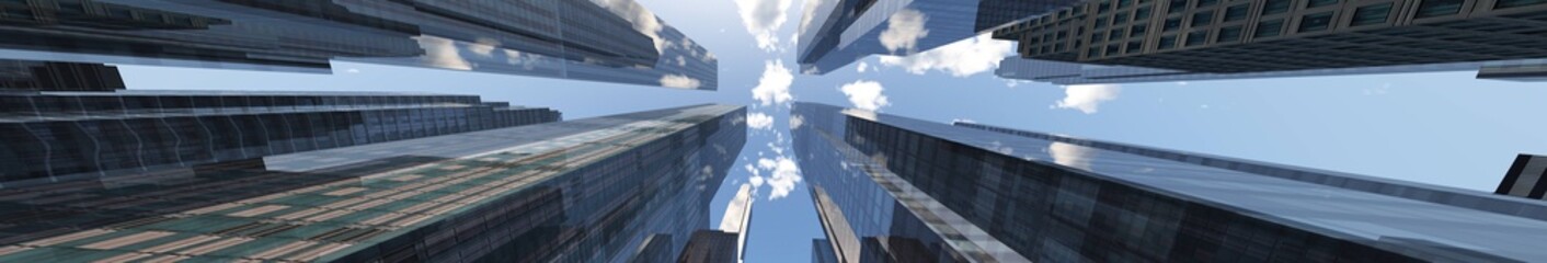 Skyscrapers panoramic view from below, sky with clouds and modern high-rise buildings, 3d rendering