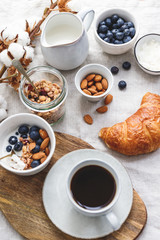 Breakfast table with coffee, croissant, granola, nuts, berries and milk. Flat lay, healthy eating concept.