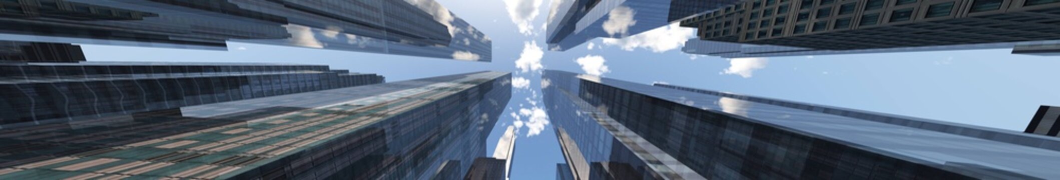 Skyscrapers panoramic view from below, sky with clouds and modern high-rise buildings, 3d rendering © ustas