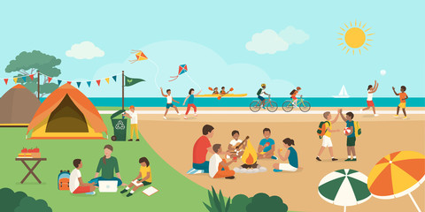Fototapeta premium Happy kids enjoying summer camp together on the beach