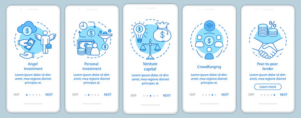Startup investment onboarding mobile app page screen with linear concepts