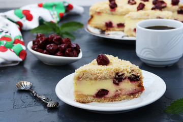 Cottage cheese pie with cherries on a dark background, piece of cake is located in the foreground on a plate