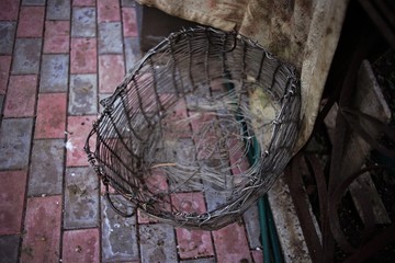Old wicker basket made of aluminum mesh on a tiled floor