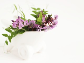 interiors and decor concept. wildflowers sweet pea in a ceramic white pot in the form of a cart. white background. copy space for text
