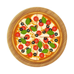 Neapolitan pizza with mozzarella, cherry tomatoes, and basil on wood plate. Object for packaging, advertisements, menu. Isolated on white. Vector illustration. Cartoon.