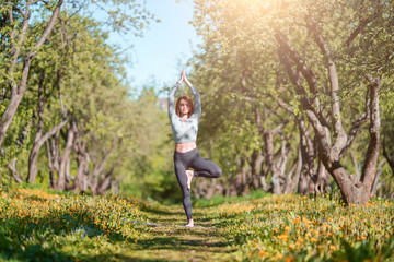 Fototapeta na wymiar Photo of woman with one arm raised on one leg practicing yoga in forest