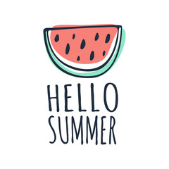 Hello Summer watermelon hand lettering word. Hand drawn vector doodle phrase. Greeting card, banner, poster design element on the white background