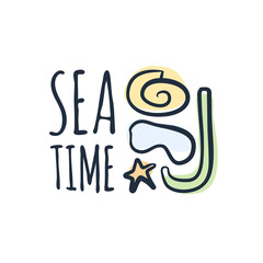 Sea or Beach time slogan and hand drawing cute icons vector for print design. Funny greetings for clothes, card, badge, icon, postcard, banner, tag, stickers, print