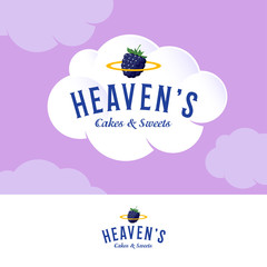 Heaven’s Logo. Bakery and pastry logo on white cream cloud. Letters and golden nimbus with blackberry.