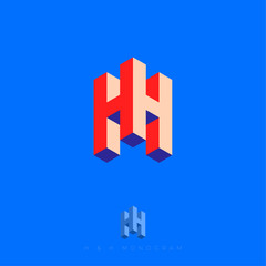 Obraz premium H letter cube logo. Construction emblem like Isometric projection. 3D monogram. Abstract volume logo. Building or construction logo.