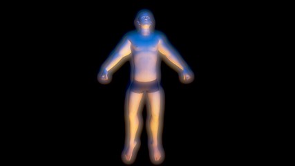 Man floating in space . Blue and flesh toned glow.  3d rendering
